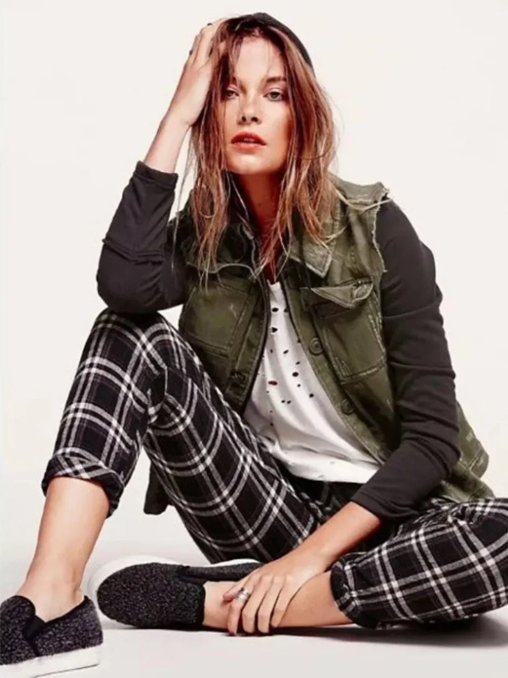 Free People Olive Green Moto Jacket with Black Hoodie and Sleeves